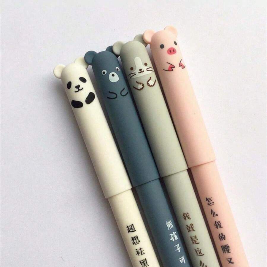 4支/套 可爱小猪熊猫老鼠可擦中性笔 学校办公用品文具礼品 0.35mm 蓝黑色墨水 开学季 - 中性筆 - 查看 1