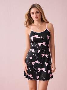 Valentine's Day Cute Bow & Heart Print Y2K Style Camisole Nightgown For Women - Black - View 4