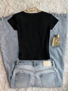 Glimmora Plus Size Fitted Crew Neck Short Sleeve Cropped T-Shirt - Black - View 2