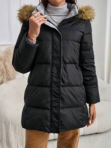 SHEIN LUNE 女士服装 女士连帽毛领纯色拉链连帽加厚冬季羽绒羽毛大衣 - 黑色 - 查看 2