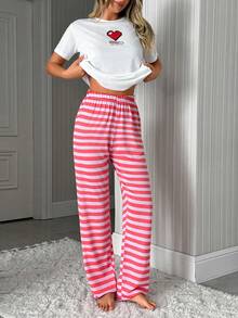 SHEIN Cotton Line Casual Women Herat Rate Pattern Round Neck Short Sleeve Top And Long Length Bottom 2Pcs Set - Pink - View 5