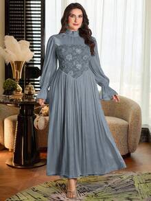 Modelyn Đầm nữ cỡ lớn họa tiết hoa, thời trang tối giản, thanh lịch, thắt eo. - Màu xanh bụi bặm - Xem 3