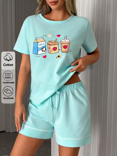 SHEIN 2 Pcs Cottonline Women Cute Coffee Drinks Patterned Half Sleeve Sleep Top + Sleep Shorts Casual & Cute Comfort Lounge Pajama Set