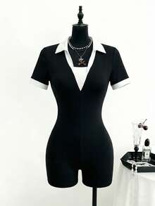 Lalippa Women's Black Fabric Collar Short Sleeve Unitard Casual Short Plain Jumpsuit With Zipper Detail - Black - View 5