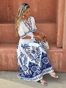 Selianne Women's Elegant Fashion Commuter Casual Comfortable Charming Retro Minimalist Romantic Holiday Short Sleeve V-Neck Waist Gathered A-Line Hem Floral Print Dress - Blue and White - View 3