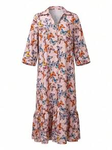 Yasmyna 女士春夏V领印花荷叶边下摆优雅浪漫阿拉伯风连衣裙 - 彩色 - 查看 3