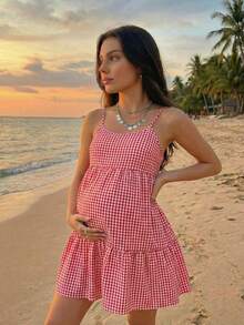 SHEIN Đầm bầu kẻ caro xếp nếp dáng suông, thích hợp cho kỳ nghỉ - Đỏ - Xem 2
