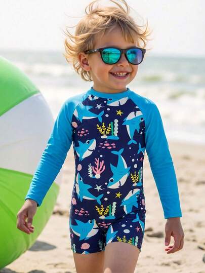 SHEIN 1件装 男童休闲街头恐龙印花拼接袖连体针织泳衣