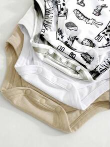 4pcs/Set Cute Knitted Cartoon Giraffe, Rabbit, Tiger, Crocodile Pattern Elastic Striped Short Sleeve Bodysuits, Basic Rompers Multi-Pack For Baby Boys And Girls,Kids - Multicolor - View 4