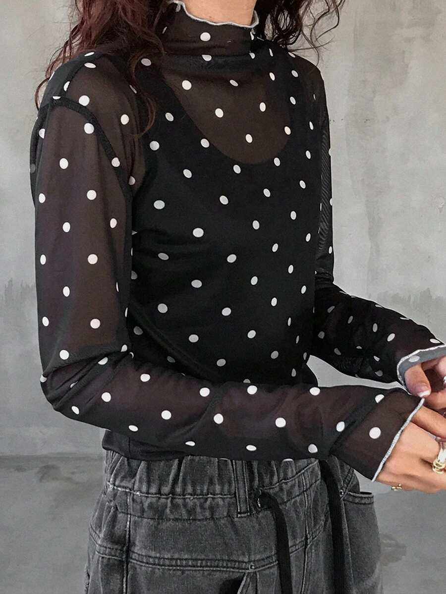 FRIFUL 女士波点印花网纱长袖休闲衬衫 - 黑色 - 查看 1