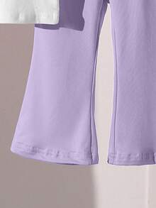 Set de 2 piezas: Camiseta morada con decoración de lazo y pantalones acampanados para niñas pequeñas, conjunto versátil y a juego, adecuado para uso diario, casual y cómodo para el hogar o salidas - Multicolor - Ver 3