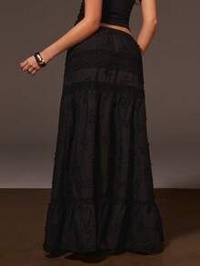 Athîral 2025 波西米亚风沙滩连衣裙 - 高开衩亚麻混纺长裙，松紧腰，蕾丝边饰，音乐节和度假的完美之选 | A字夏季连衣裙，女士夏季服装，女士度假装，白色沙滩装 - 黑色 - 查看 6