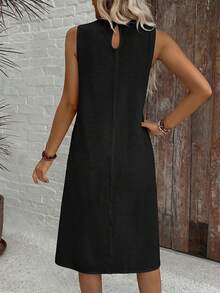 EMERY ROSE Casual Solid Color Round Neck A-Line Summer Dress, Women Summer Dress,Casual - Black - View 2