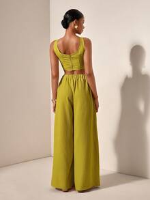 Zivah 新款春夏度假休闲鱼骨吊带上衣和阔腿裤两件套，带口袋，纹理面料 - 芥末黃 - 查看 2