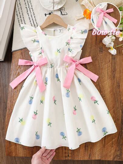 SHEIN Vintaside Kids 女童（小号）春夏新款无袖连衣裙，梭织面料，可拆卸3D蝴蝶结，彩色花卉数码印花，圆领，收腰设计，可爱优雅，适合日常、上学、外出、派对、度假等场合穿着。