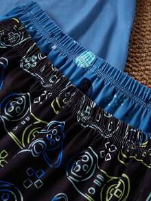 4件套幼儿男童睡衣，印有电子游戏和太空星球图案，短袖上衣和长裤家居服 - 彩色 - 查看 7