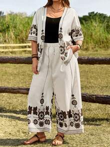 EMERY ROSE 2pc Set Plus Size Women's White Summer Boho Flowy Vacation Holiday Floral Print Shirt Top And Wide Leg Pants With Pockets,Country Concert Outfit - Multicolor - View 3