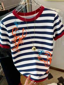 Resyla Women's Striped Lobster Print Round Neck Short Sleeve T-Shirt - Multicolor - View 4