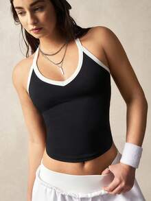 VARSITIE Camiseta de tirantes casual de mujer para fitness con diseño de borde - Blanco y Negro - Ver 3