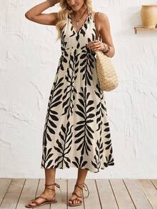 Breezaya 女士无袖树叶印花长裙，适合海滩度假 - 杏色 - 查看 4