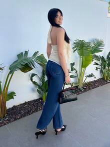 Hitanina 女士优雅多层荷叶边立领修身背心 - 米色 - 查看 2