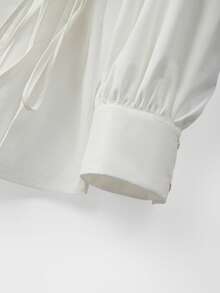 Juhart 大码女装春季优雅通勤风纯色泡泡袖V领系带上衣搭配撞色系带腰部开衩裙两件套，适合日常通勤 - 彩色 - 查看 4