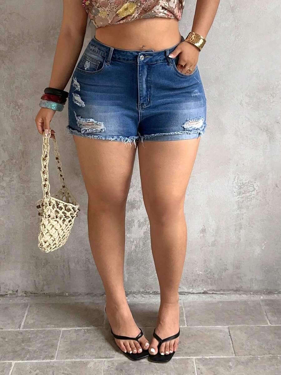 Sunnyshic 加大码女式弹力牛仔短裤，夏季水洗做旧卷边弹力牛仔短裤，女式牛仔装扮 - 中等水洗藍 - 查看 1