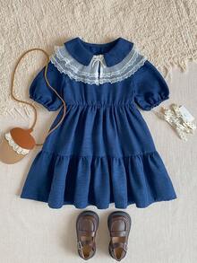 PrepCrw 1pc Young Girls' Elegant Lace Collar Petal Sleeve Navy Blue Dress, Suitable For Casual, Outings, Gatherings, Festivals, Spring And Summer - Navy Blue - View 2