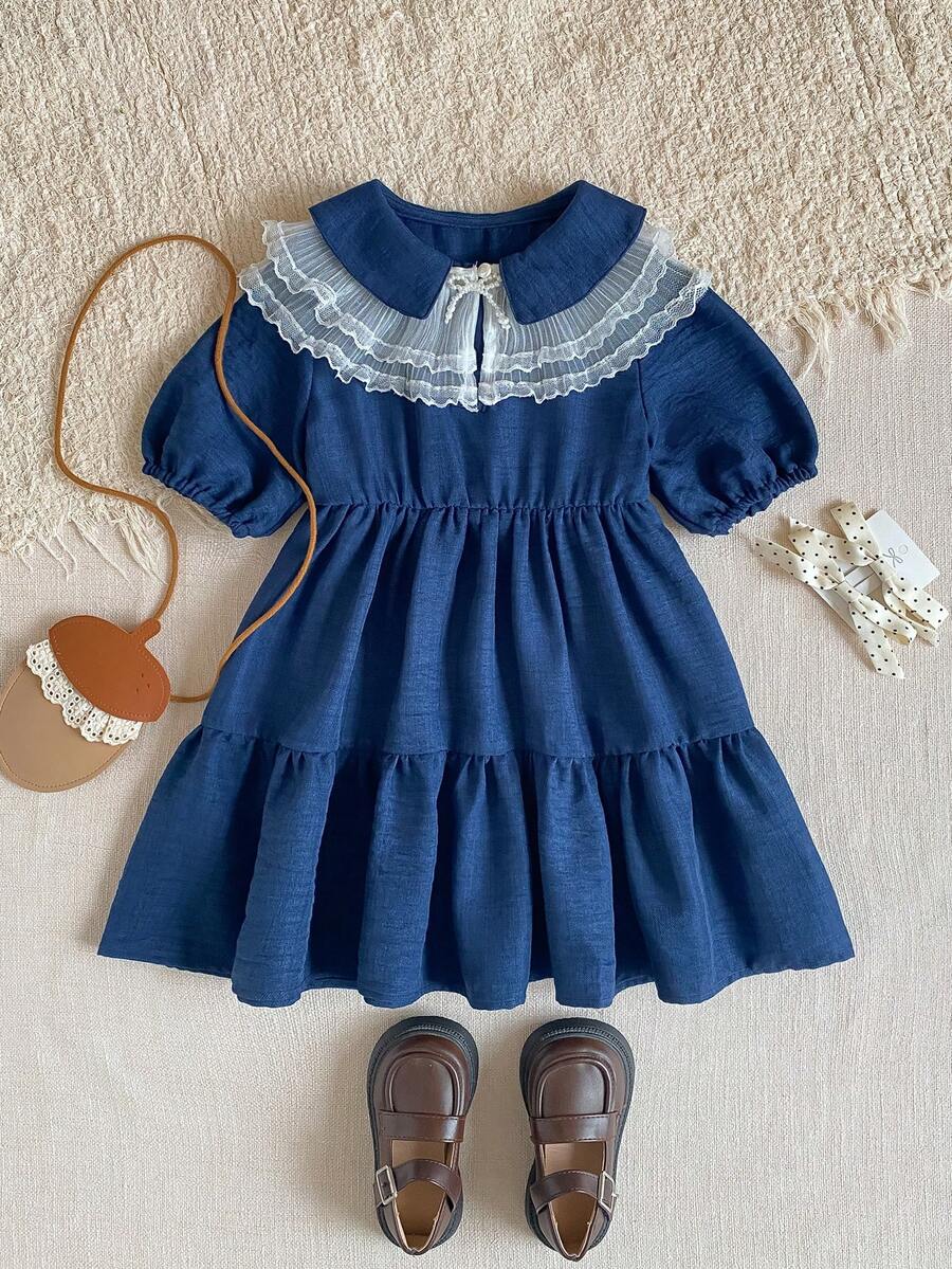 PrepCrw 1 pieza Vestido azul marino elegante con cuello de encaje y mangas de pétalos para niñas jóvenes, adecuado para uso casual, salidas, reuniones, festivales, primavera y verano - Azul Marino - Ver 1