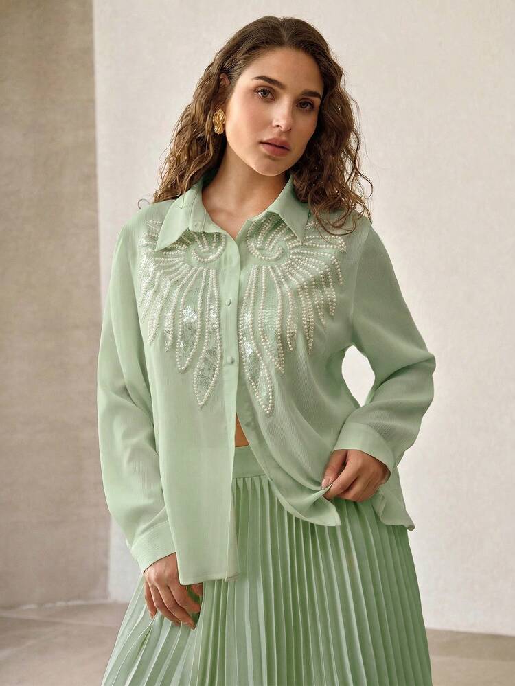 PLUS SIZE WOMEN'S CONTRAST SEQUIN FAUX PEARL BLOUSE, SPRING/SUMMER