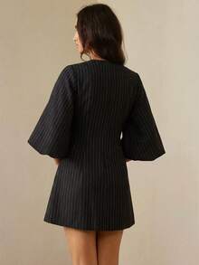 Vestido de punto de espiguilla de manga farol elegante, diseño de moda, calidad de alta gama - Negro 2 - Ver 4