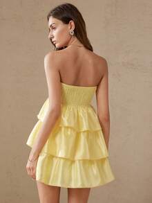 BELROSIE Robe mini bustier vintage de station balnéaire en tissu satin brillant, minimaliste, ajustée, à plusieurs couches, avec jupe bouffante - Jaune citron - Voir 6