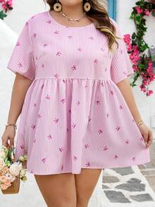 SHEIN CURVE+ Curve 尺码 US22 音乐节、海滨度假、波西米亚风女士蝴蝶结条纹圆领短袖印花休闲上衣，适合日常穿着，波西米亚风格/波西米亚风，假日、度假、夏季海滩、婚礼宾客、休闲夏季衬衫 - 粉色 - 查看 5