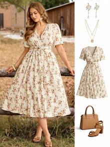 Roveilla Plus Size Women V-Neck Floral Print Ruched Waist Elegant Date Party Dress Vintage Dresses For Women Cotton Dresses French Style Dress Cottagecore Dress Elegant Floral Dress Women Summer Elegant Dress Floral Dress Elegant Dress - Apricot - View 3