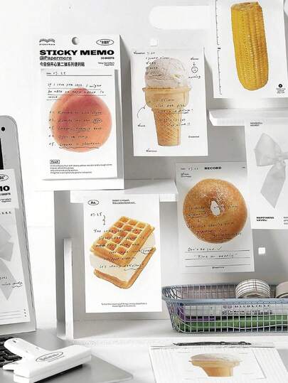 1 طقم ملصقات لاصقة بشكل أطعمة مخصصة، مثالية للزينة وإنشاء مذكرات بشكل دونات، ألبومات فنية، ودفاتر، مناسبة لموسم العودة إلى المدرسة.