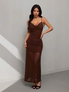 SHEIN PETITE Đầm nữ hở lưng với cổ yếm và lưng đính hạt, màu nâu, đầm đi nghỉ mát, thích hợp cho kỳ nghỉ biển và du lịch thường ngày. - màu nâu - Xem 6