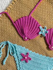 Swim Mod 2pcs/Set Women's Light Blue,Summer,Cute,Beach Vacation,Holiday,Holiday Crochet Starfish & Shell Pattern Spaghetti Strap Backless Bikini Cover Up Set - Purple - View 5