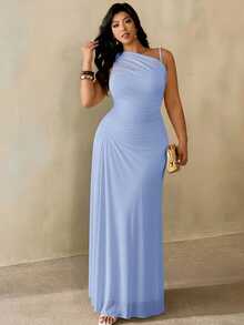 Auralis Plus Size Women's Light Blue Summer Elegant Wedding Guest Sheer Mesh Sleeveless Asymmetrical Neck Ruched Fitted Dress,Minimalist Chic Fashion Basic - Baby Blue - View 7