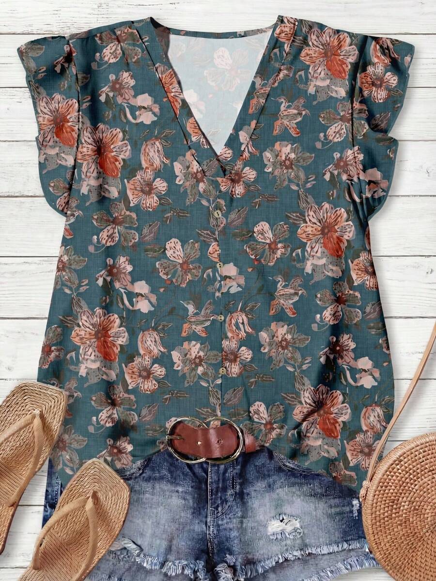 Rusticease 女士休闲复古碎花V领衬衫，适合秋夏季节，碎花上衣，波西米亚风衬衫，女士秋季碎花上衣，女士时尚衬衫，休闲款 - 藍色 - 查看 1