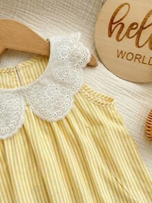 新生女宝宝可爱夏季休闲度假条纹荷叶边无袖连体衣 - 黃色 - 查看 6