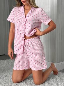 SHEIN Bow Detailed Short Sleeve Casual 2 Pieces Pajama Set With Bow Pattern And Shorts - Yellow - View 4