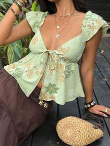 Sunnyshic Y2K波西米亚风性感东南亚度假休闲约会街头音乐节海滩刺绣亮片印花深V领泡泡袖A字褶皱开衫衬衫吊带衫，春夏秋三季 - 彩色 - 查看 4