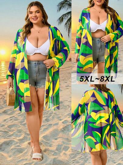 SHEIN CURVE+ Plus Size Women's Random Colorful Print Knit Beach Resort Long Mesh Kimono, Summer