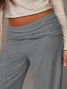 Athîral Women's Casual Solid Color Fold-Over Waist Straight Leg Pants - Grey - View 1