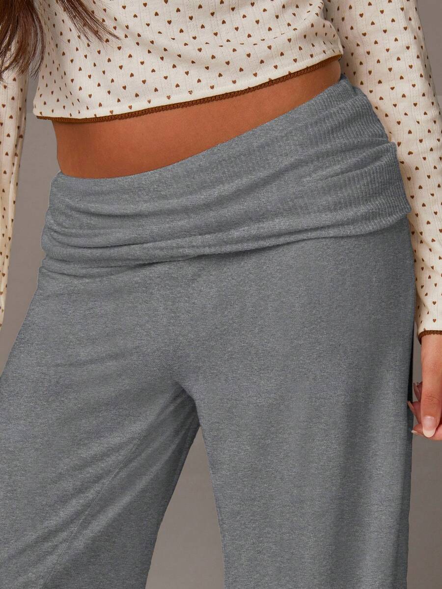 Athîral Women's Casual Solid Color Fold-Over Waist Straight Leg Pants - Grey - View 1