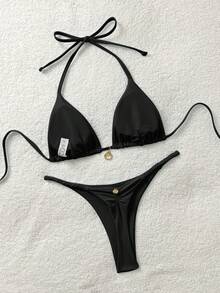 Soleia Women's Summer Vacation Metal Shell Decor Halter Bikini Set Beach Vacation Outfits For Women - Black - View 2
