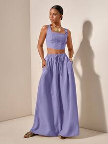 Zivah Women's 2 Pieces Set Purple Summer Tropical Holiday Vacation Holiday,Fishbone Strap Top And Wide Leg Pants With Pockets,Textured Casual Work Outfits - Mauve Purple - View 6