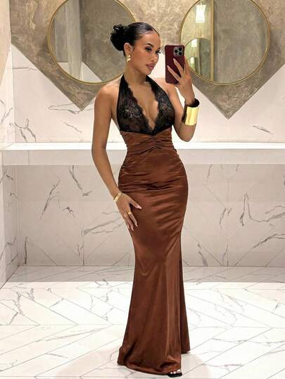 Slaydiva Mùa xuân mới, Lễ hội âm nhạc mùa xuân và mùa hè, Ngày lễ tình nhân, Lễ Phục sinh, Mùa cưới, Mùa lễ hội, Trang phục đi làm thường ngày và thanh lịch, Trang phục hàng ngày, Trang phục công sở, Kỳ nghỉ, Tiệc tùng, Du thuyền, Tiệc tùng, Cơ bản, Hẹn hò hàng ngày, Váy ren đen phối nhiều mảnh, Vải dệt bóng màu nâu, Cổ chữ V sâu, Váy đuôi cá hở lưng rộng, Váy chữ A, Váy nâu gợi cảm, Váy dài cho nữ -Z