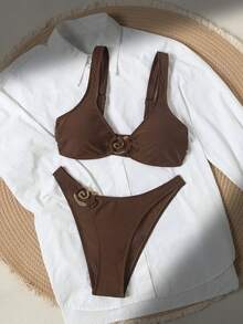 Swim Chiccia 女士棕色尼龙两件套新款性感优雅多色加宽肩带三角比基尼套装，适合海滩、泳池、派对等场合。 - 棕色 - 查看 2
