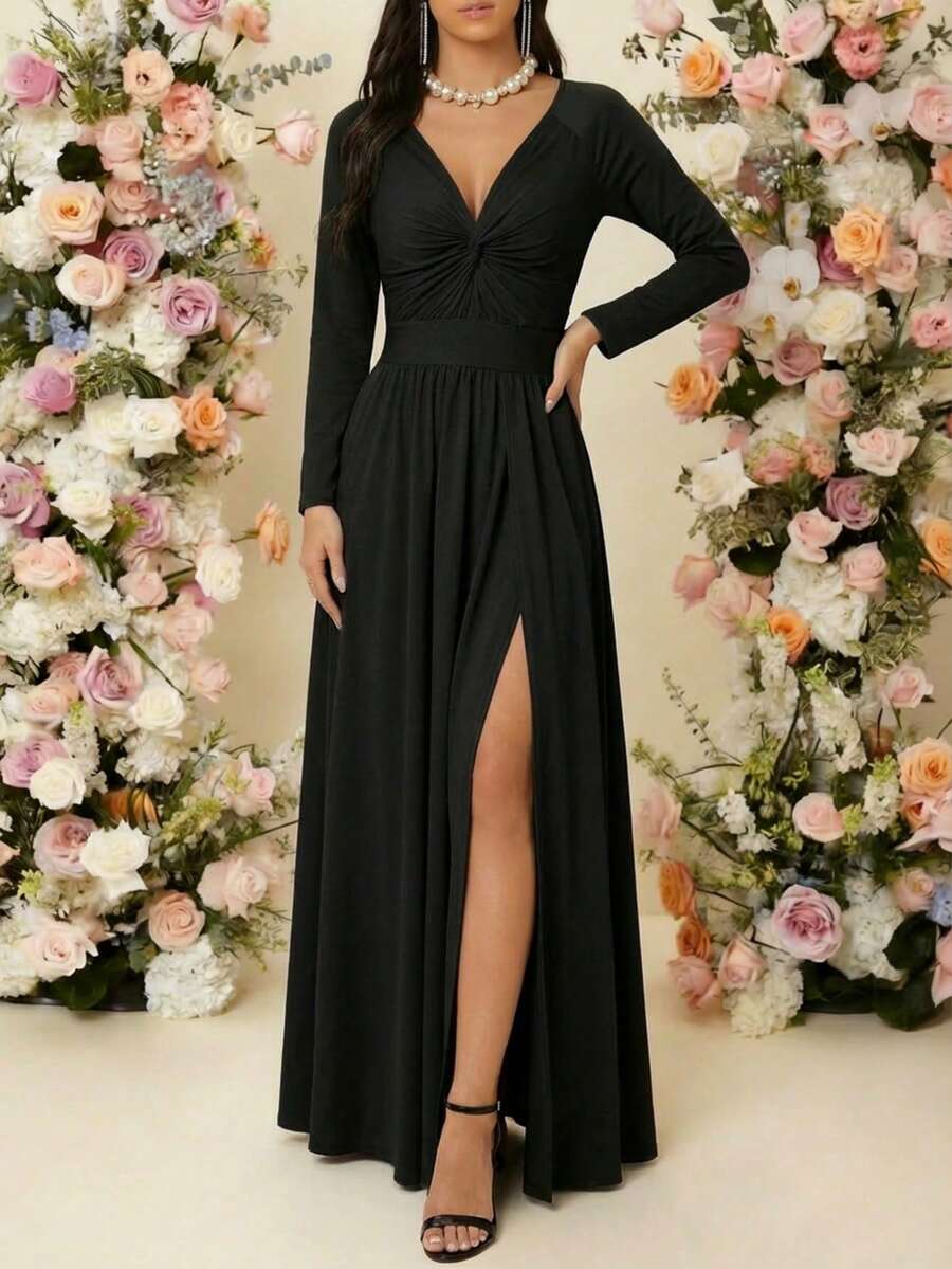 Vestido Sofisticado con Vuelo y Aberturas al frente manga larga escote v vestido formal elegante largo - Negro - Ver 1